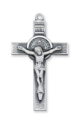 Sterling Silver Large St. Benedict Crucifix on a 24&quot; Rhodium Plated Chain