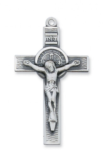 Sterling Silver Large St. Benedict Crucifix on a 24&quot; Rhodium Plated Chain