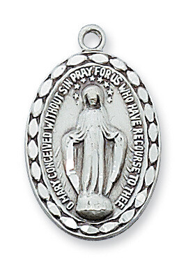 Sterling Silver Oval Edged Miraculous Medal on a 18" Rhodium Plated Chain