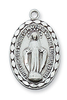 Sterling Silver Oval Edged Miraculous Medal on an 18&quot; Rhodium Plated Chain
