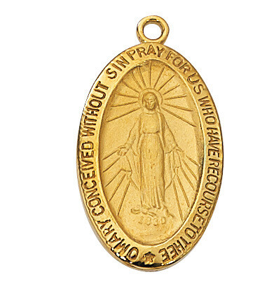 Gold Plated Regular Oval Miraculous Medal on an 18&quot; Gold Plated Chain