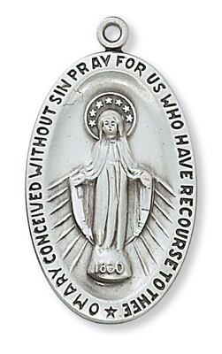 Sterling Silver Oval Miraculous Medal on a 24" Rhodium Plated Chain
