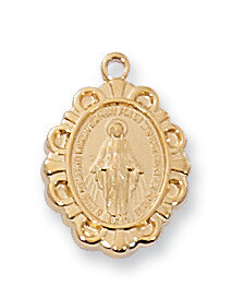 Gold Plated Oval Miraculous Medal on a 16" Gold Plated Chain