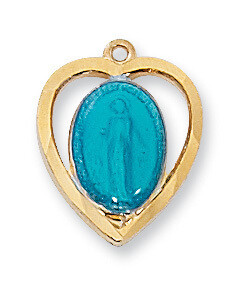 Gold Over Sterling Silver Blue Heart Miraculous Medal on 16-18&quot; Gold Over Brass Chain