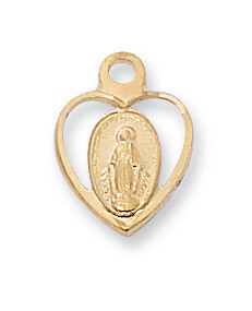 Gold Plated Heart Shaped Miraculous Medal on a 16" Gold Plated Chain