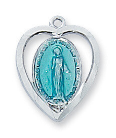 Sterling Silver Blue Miraculous Heart Medal on a 18&quot; Rhodium Plated Chain