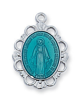 Sterling Silver Blue Miraculous Medal on a 18" Rhodium Plated Chain