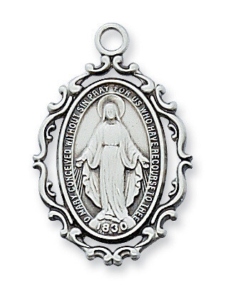 Sterling Silver Beautiful Miraculous Medal on 18&quot; Stainless Steel Chain