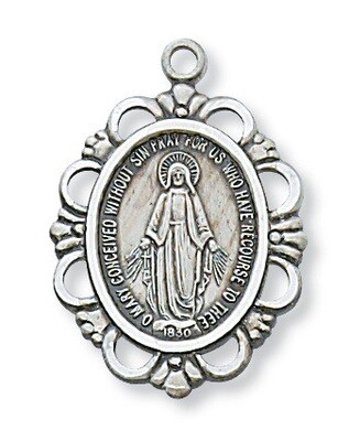 Sterling Silver Ornate Miraculous Medal on a 18" Rhodium Plated Chain