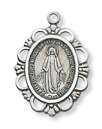 Sterling Silver Ornate Miraculous Medal on 18&quot; Stainless Steel Chain
