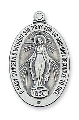 Sterling Silver Oval Miraculous Medal on a 20" Rhodium Plated Chain