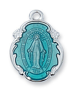 Sterling Silver Blue Enamel Miraculous Medal on an 18&quot; Rhodium Plated Chain