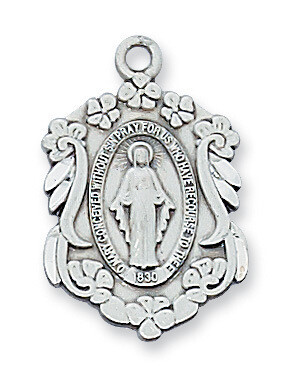 Sterling Silver Unique Miraculous Medal on a 18" Rhodium Plated Chain