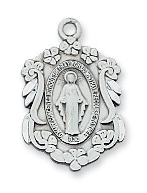 Sterling Silver Unique Miraculous Medal on an 18&quot; Rhodium Plated Chain