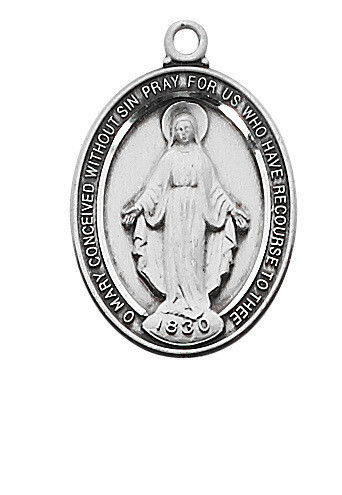 Beautiful Sterling Silver Oval Miraculous Medal on a 18&quot; Rhodium Plated Chain