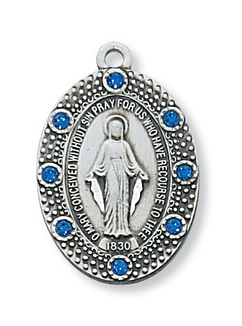 Sterling Silver Miraculous Medal with Blue Stones on 18&quot; Stainless Steel Chain