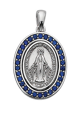 Sterling Silver Blue Stone Miraculous Medal on an 18&quot; Rhodium Plated Chain