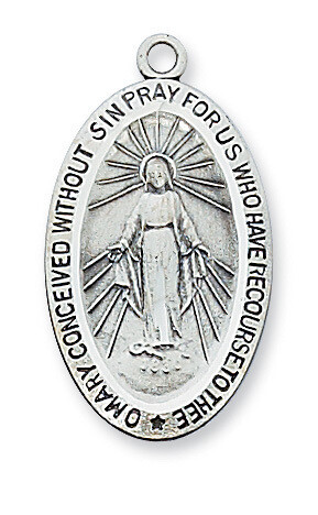 Sterling Silver Plain Oval Miraculous Medal on an 18&quot; Stainless Steel Chain