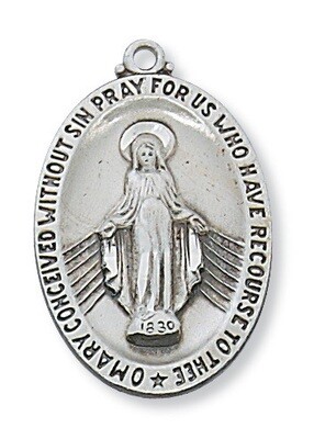 Sterling Silver Miraculous Medal on a 24" Rhodium Plated Chain