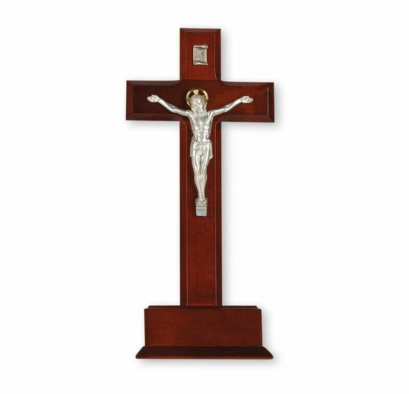 10&quot; Standing Dark Cherry Wood Cross with a Silver Finish Italian Corpus