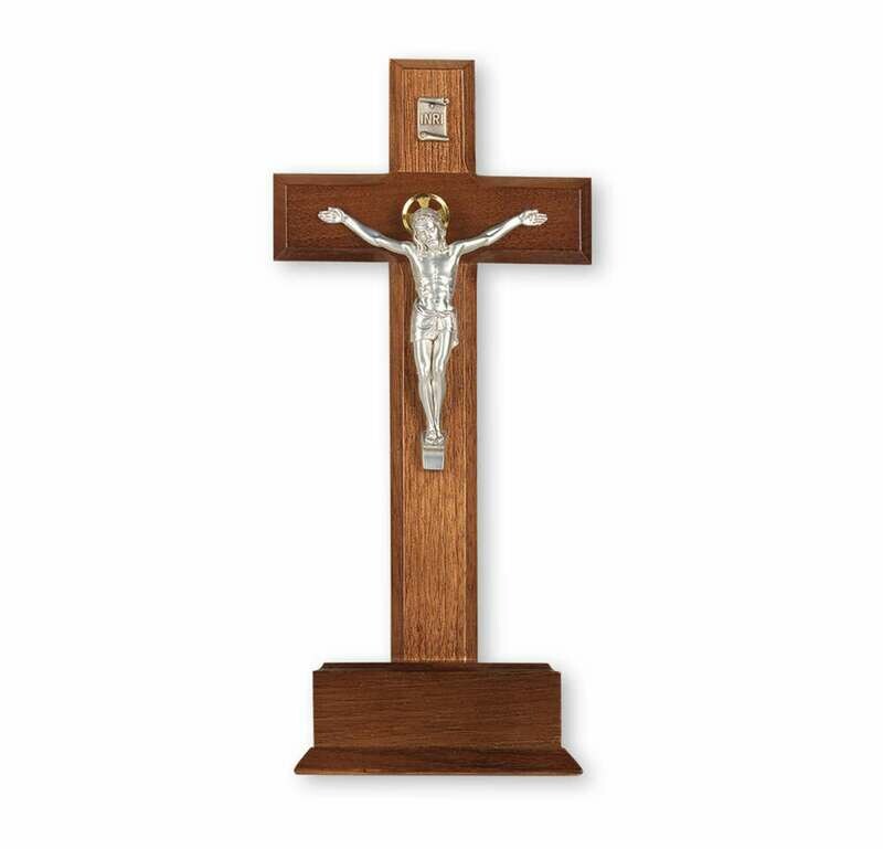 10&quot; Standing Walnut Crucifix with a Silver Finish Italian Salerni Corpus