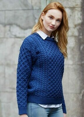 Unisex Crew Neck Aran Wool Sweater- Denim Blue