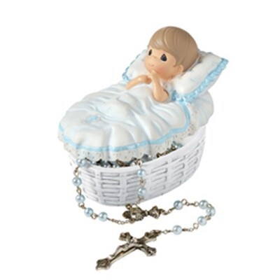 Boy &quot;Baptized In His Name&quot; Resin Box with Blue Baby Rosary