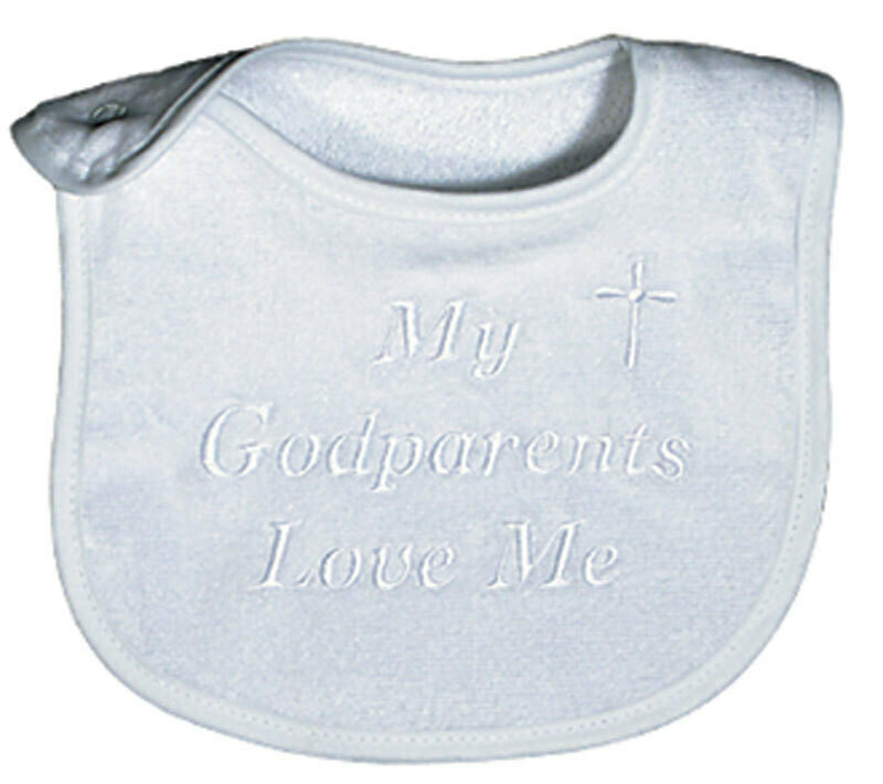 &quot;My Godparents Love Me&quot; White Embroidered Bib