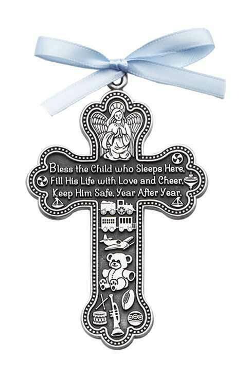 Bless This Child Who Lives Here Crib Cross with Blue Ribbon