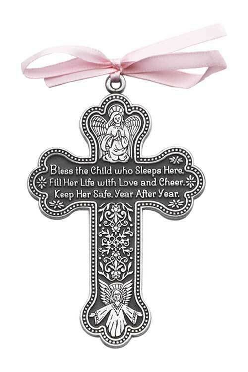 Bless This Child Who Lives Here Crib Cross with Pink Ribbon