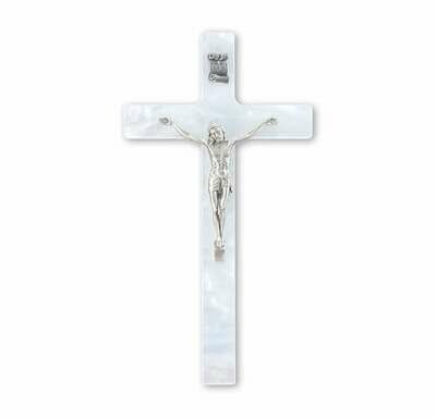 7" Pearlized White Cross with Antiqued Silver-Plated Corpus