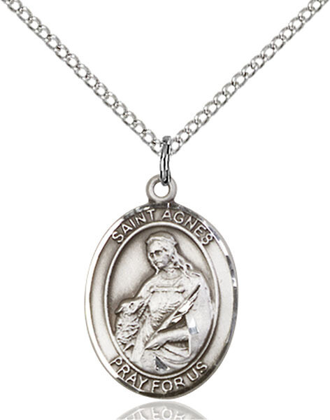 Sterling Silver St Agnes of Rome Pendant on a 18&quot; Light Rhodium Light Curb Chain