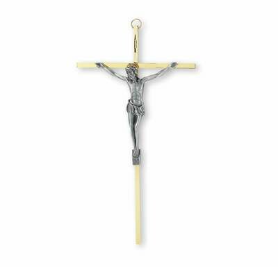 10" Metal Brass Plated Cross with Antiqued Silver-Plated Corpus