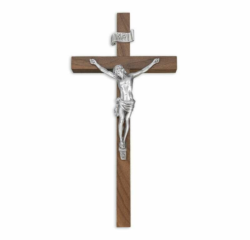 10&quot; Walnut Wood Cross with a Fine Pewter Corpus