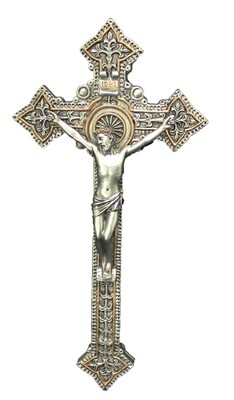 9" Crucifix, Pewter Style Finish, Golden Highlights