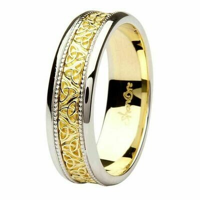 Celtic Trinity Knot Two Tone 14kt Gold Gents Wedding Ring (White Edge)