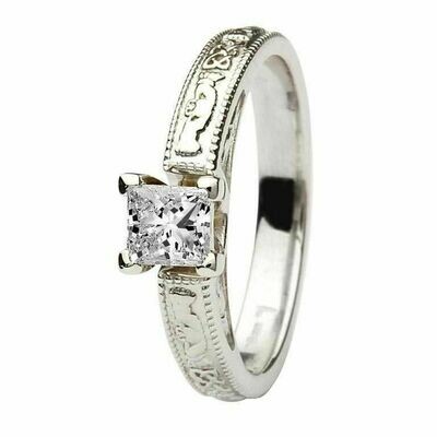 Claddagh Celtic Diamond Ring- 14kt White Gold, Solitaire Princess Cut Diamond