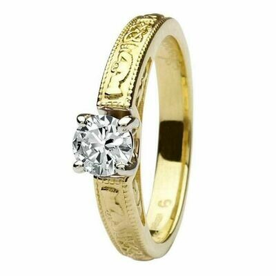 Claddagh Celtic Diamond Ring- 14kt Yellow and White Gold Ring, Solitaire Round Cut Diamond