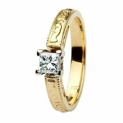 Claddagh Celtic Diamond Ring- 14kt Yellow and White Gold, Solitaire Princess Cut Diamond