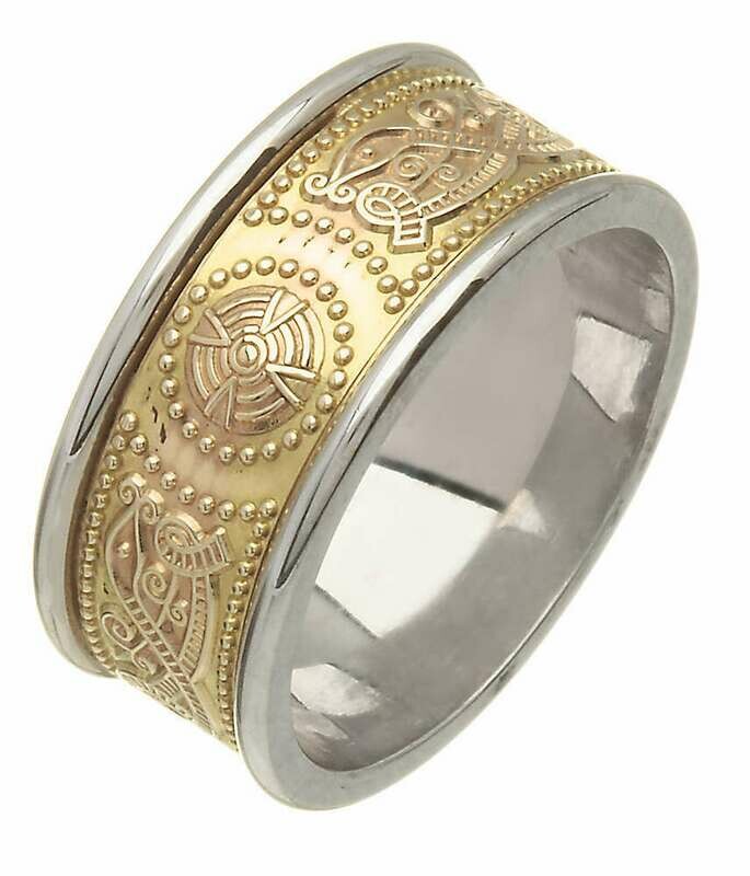 Mens 14kt Gold Medium Two Tone An Ri Wedding Band (White Trim)