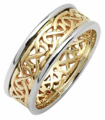 Mens 14kt Gold Two Tone Narrow Pierced Trinity Knot Wedding Band (White Edge)