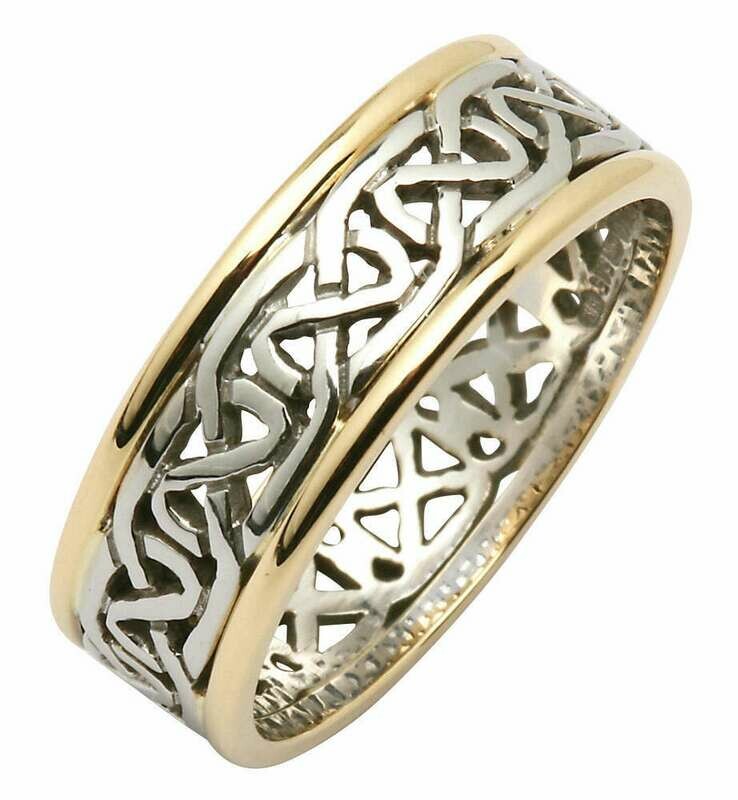 Mens 14kt Gold Two Tone Narrow Pierced Trinity Knot Wedding Band
