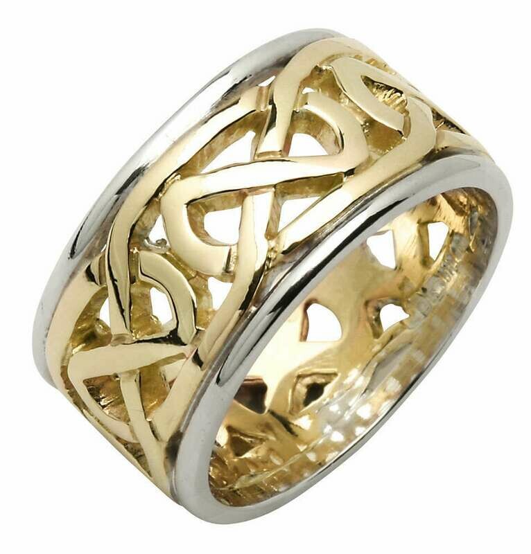 Mens 14kt Yellow/White Gold Heavy Pierced Trinity Knot Wedding Band