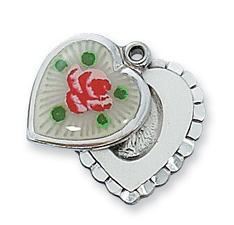 Sterling Silver Miraculous Heart Medal Locket on 18&quot; Rhodium Plated Chain