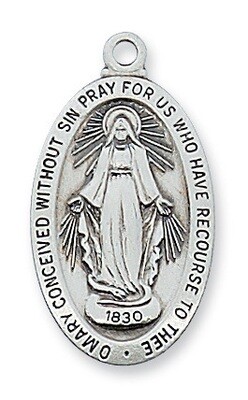 Sterling Silver Oval Fine Miraculous Medal on a 18" Rhodium Plated Chain