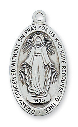 Sterling Silver Oval Fine Miraculous Medal on an 18&quot; Rhodium Plated Chain