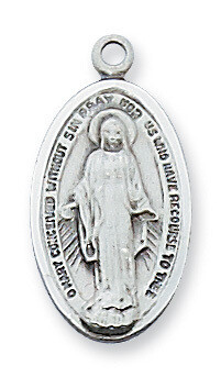 Sterling Silver Oval Elongated Miraculous Medal on 18&quot; Rhodium Plated Chain