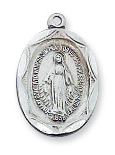 Sterling Silver Miraculous Medal on 16-18&quot; Rhodium on Brass Chain