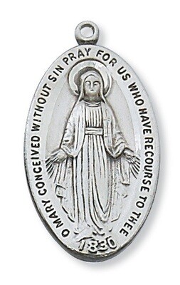 Sterling Silver Large Oval Miraculous Medal on a 24" Rhodium Plated Chain