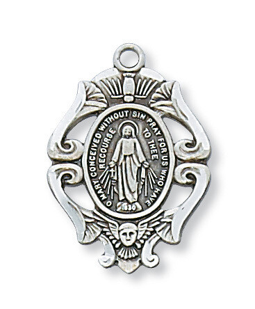 Sterling Silver Ornate Design Miraculous Medal on an 18&quot; Rhodium Plated Chain